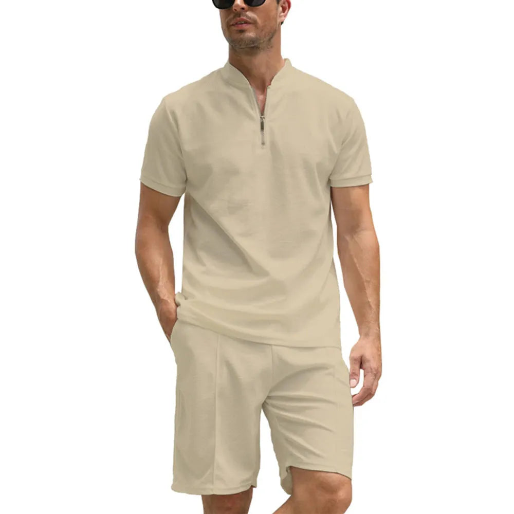 Men's solid colour polo shirt and trouser two-piece set in textured beaded bird's eye fabric