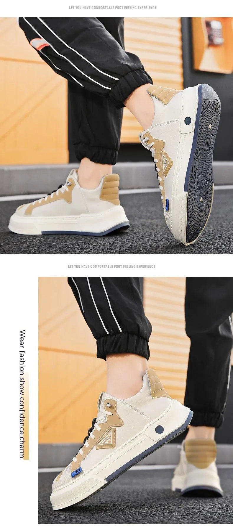 Men's beige low-top sneakers with elastic band fastening and leather stitching details