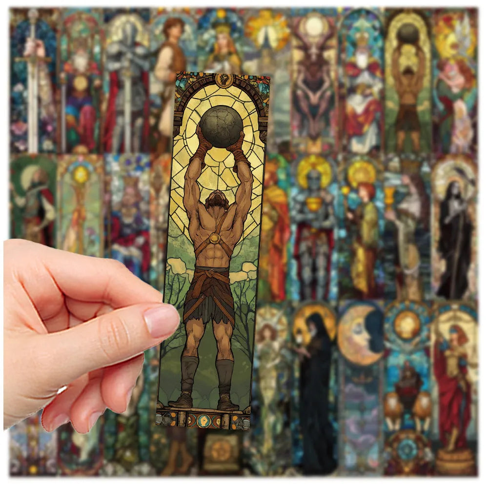 Set of 30 colourful paper bookmarks with painted glass tarot illustrations in a cute homemade style.