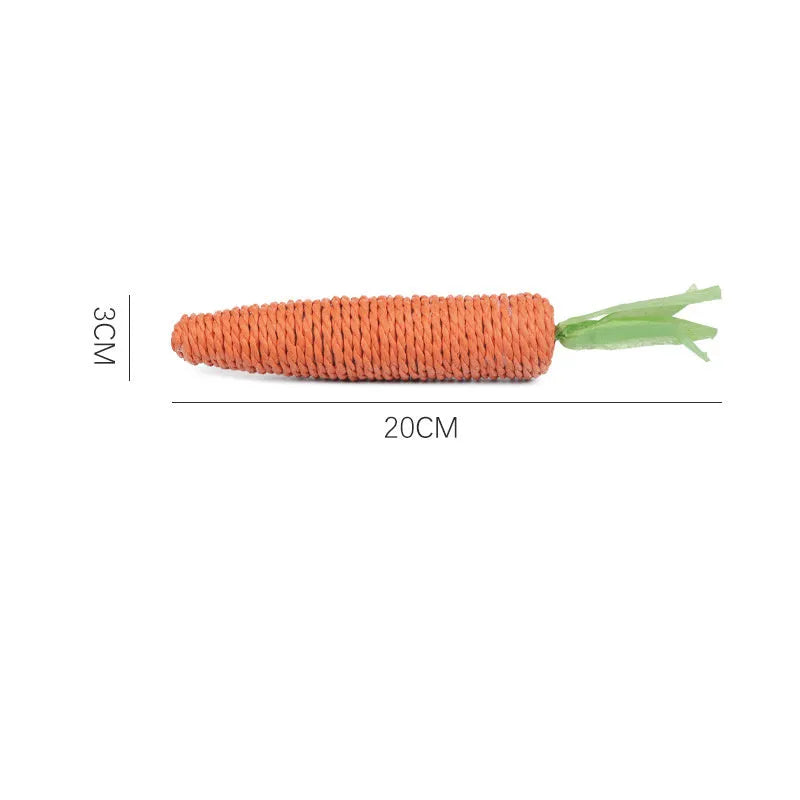 Carrot-shaped paper toys, plastic ringing stones, and textured cat sticks for interactive pet play