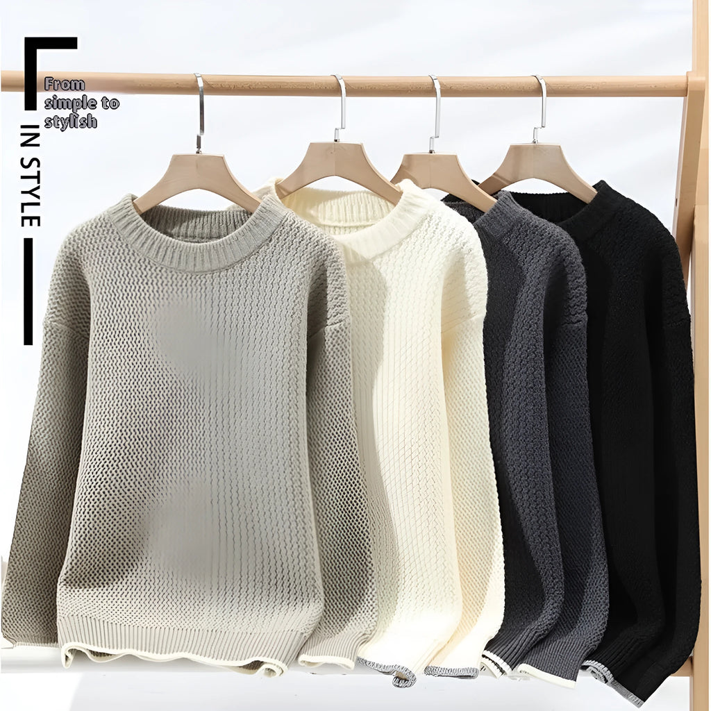 Men's loose fit round neck pullover sweater in chemical fibre blend available in four colours
