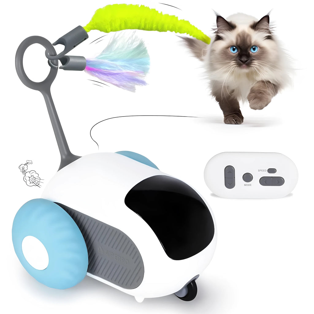 Blue smart cat toy car with feather teaser attachment and remote control unit on floor