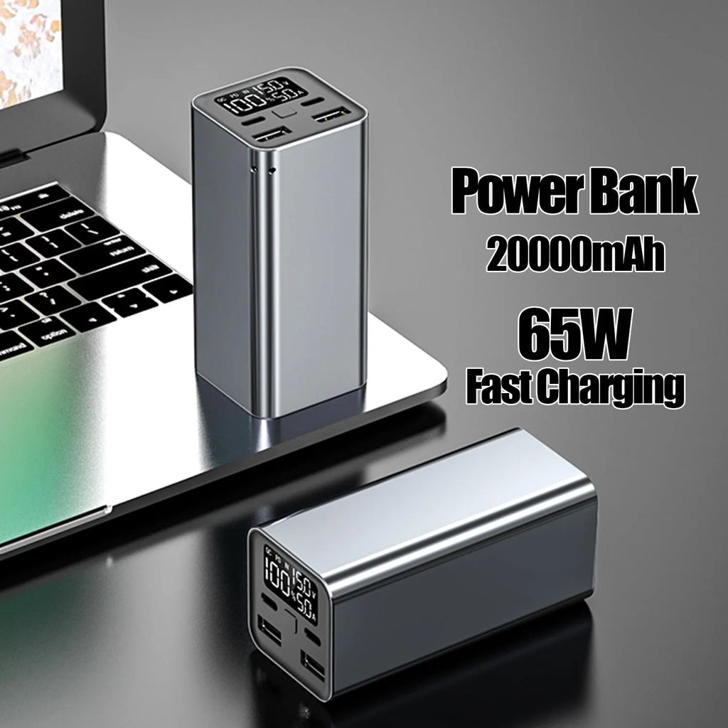 65W laptop power bank with 20000mAh capacity in metal casing, black colour option