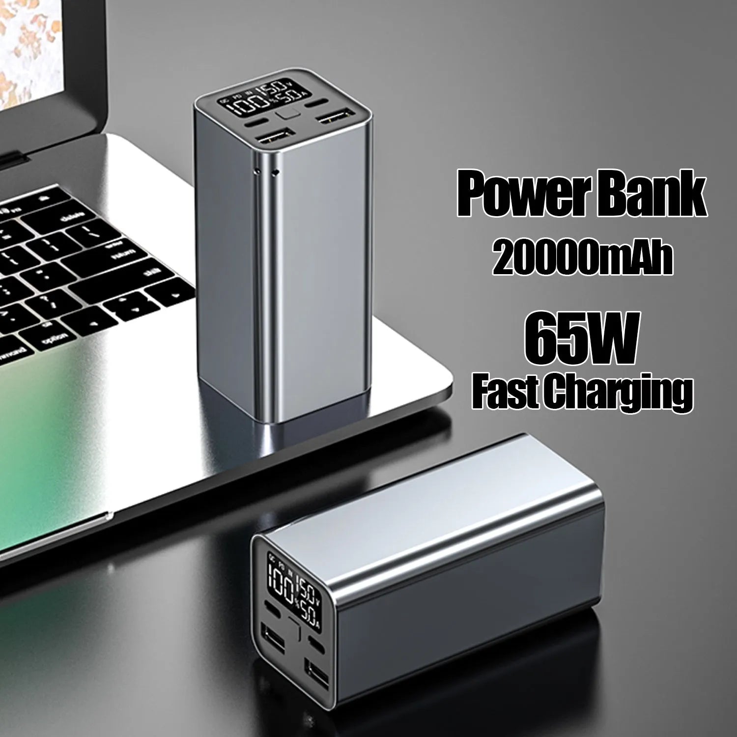 65W laptop power bank with 20000mAh capacity in metal casing, black colour option