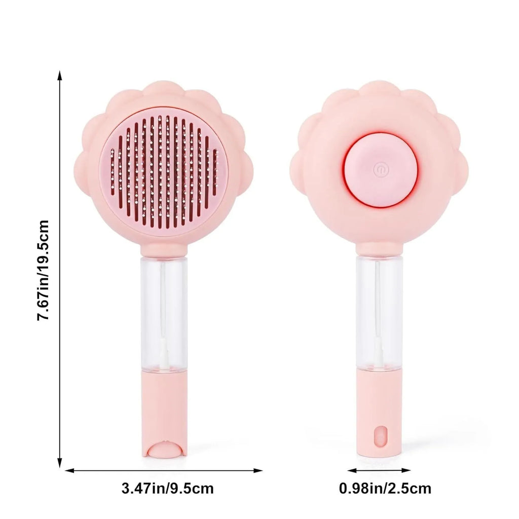 Grey spray grooming brush for cats with a self-cleaning button and curved stainless steel bristles.