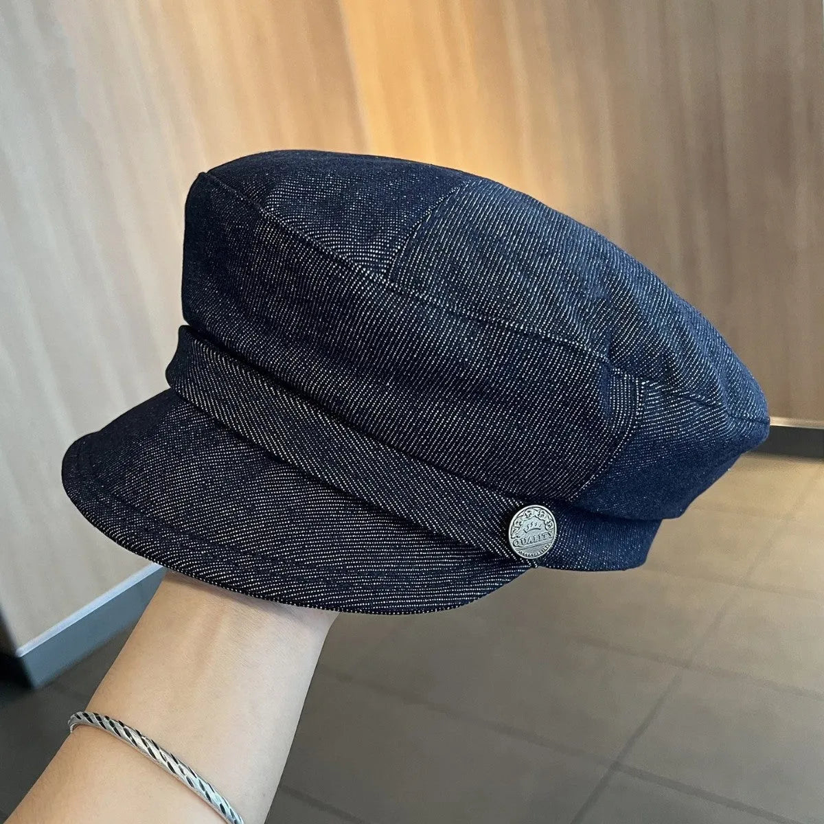 British retro octagonal denim newsboy hat with adjustable sizing