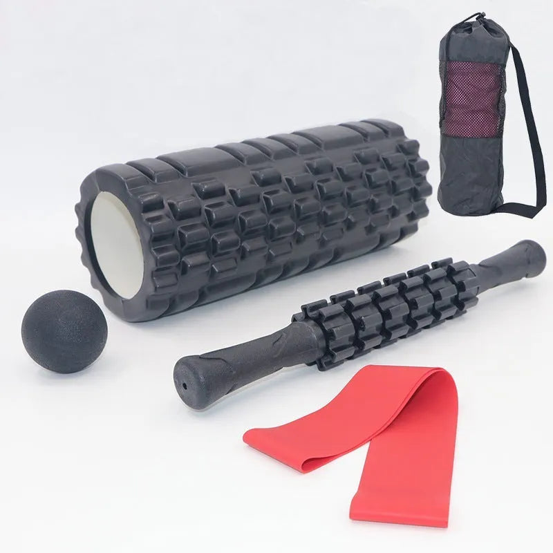Six black foam roller massage bars showing 33cm length and cylindrical shape