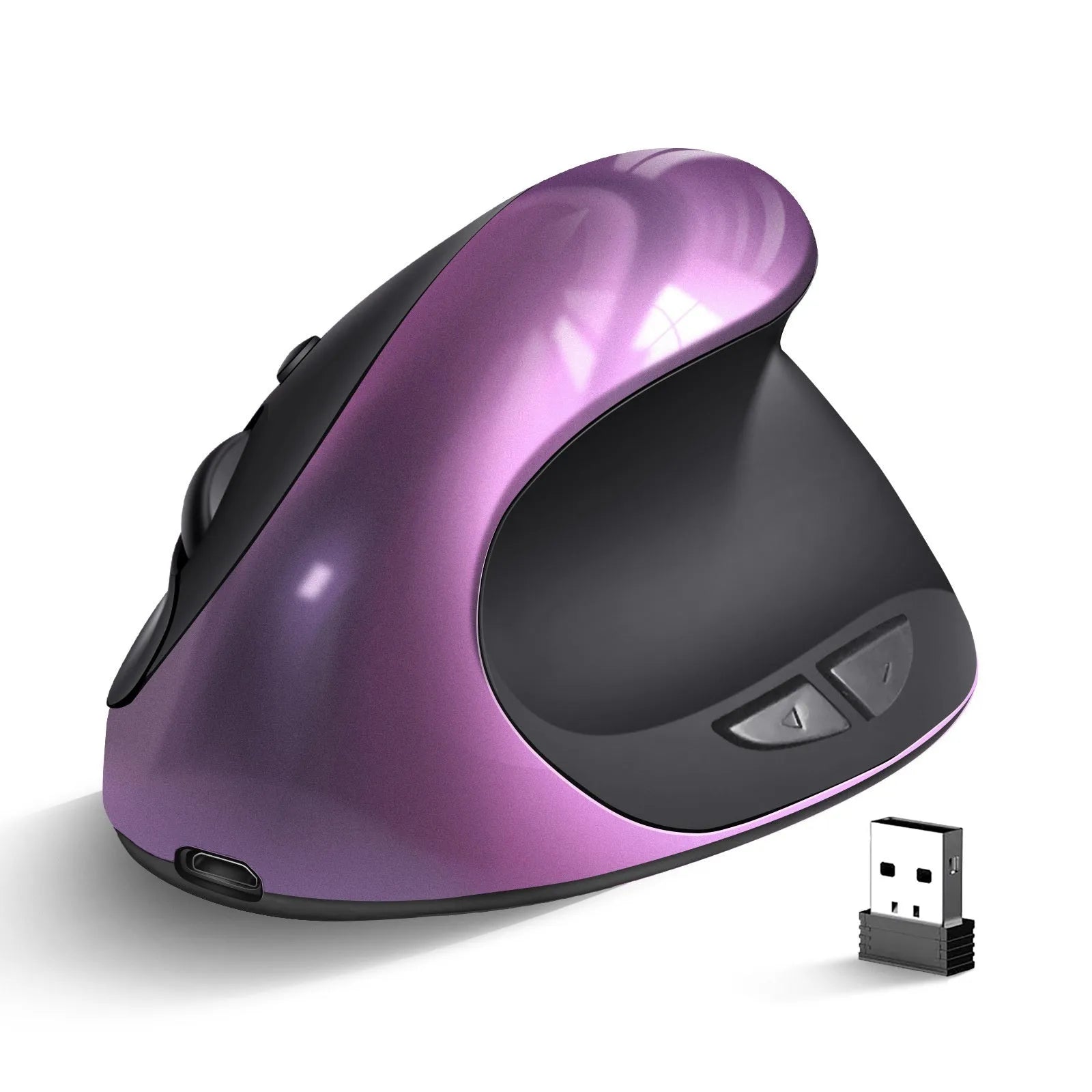 Wireless vertical ergonomic mouse in red colour on a desk next to a laptop.