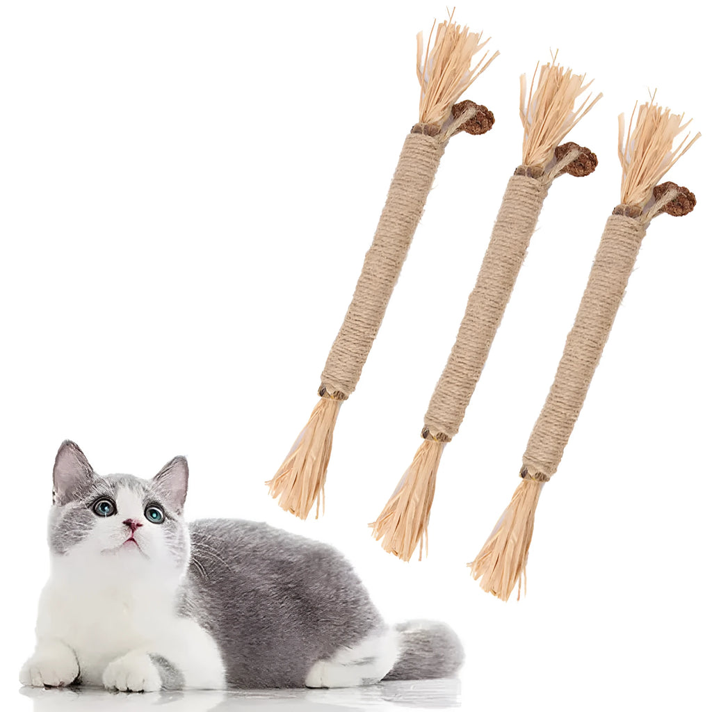 Three natural silvervine chew sticks for cats with sisal rope and raffia dental care elements