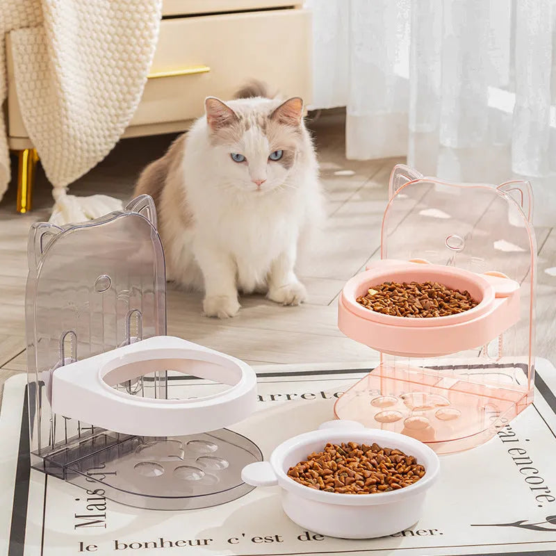 Grey cat feeding bowl with cat ears design and neck protection collar on removable hanging cage
