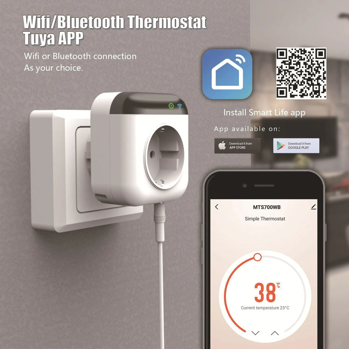 Tuya temperature control smart socket with wifi, sensor probe, white colour, US three-hole outlet