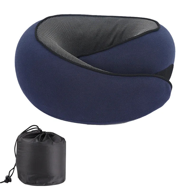 U-shaped memory foam travel neck pillow in light grey with storage bag