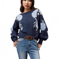 Sapphire blue women's pullover with flower jacquard pattern and off-neck design