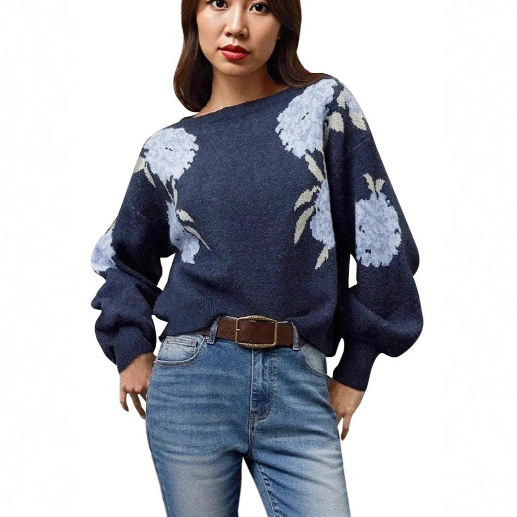 Sapphire blue women's pullover with flower jacquard pattern and off-neck design