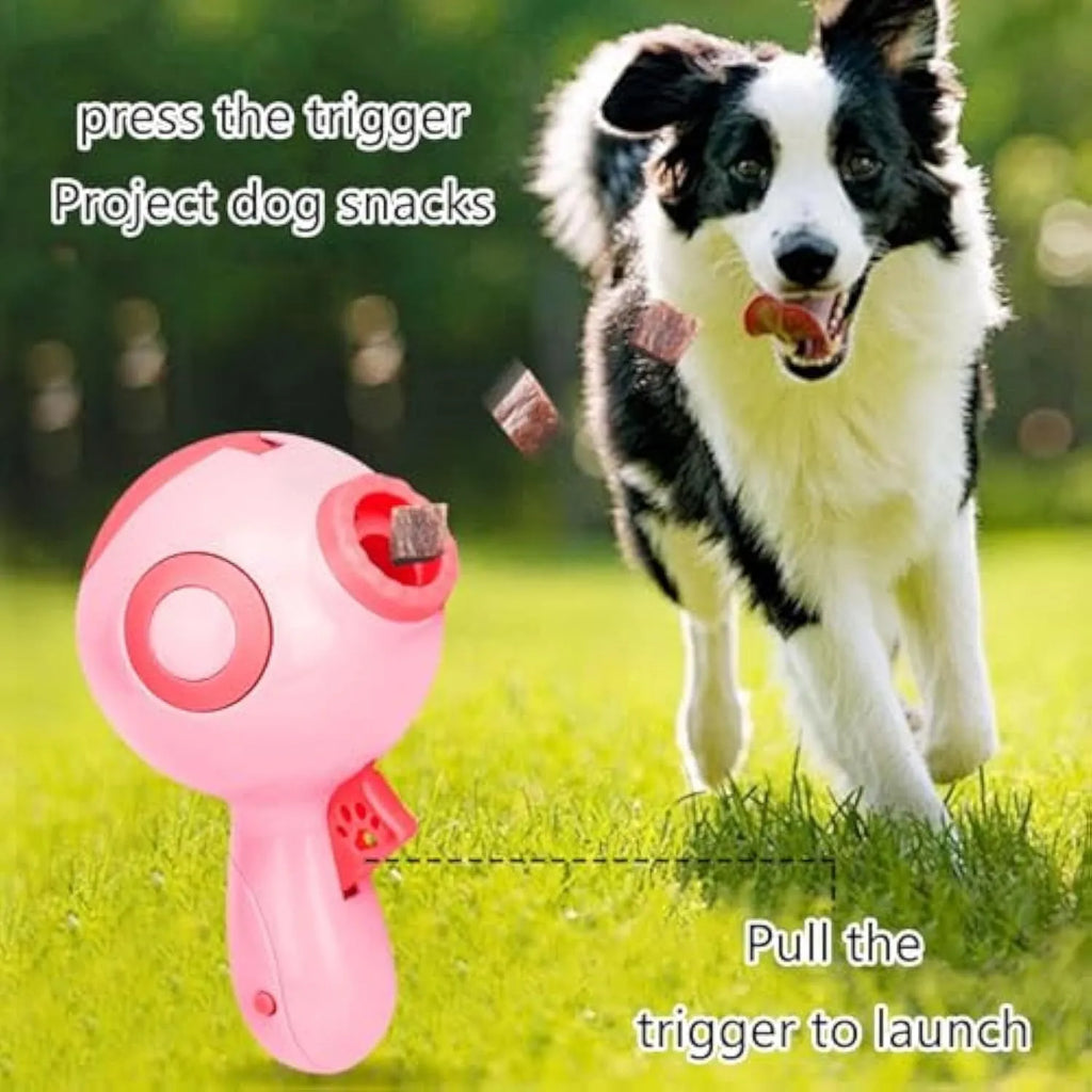 Green, orange, and pink dog treat launcher toy and slow feeder dispenser on a white background.