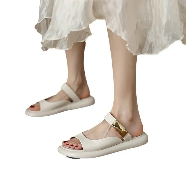 Apricot peep toe flat sandals with French soft leather upper and rubber sole