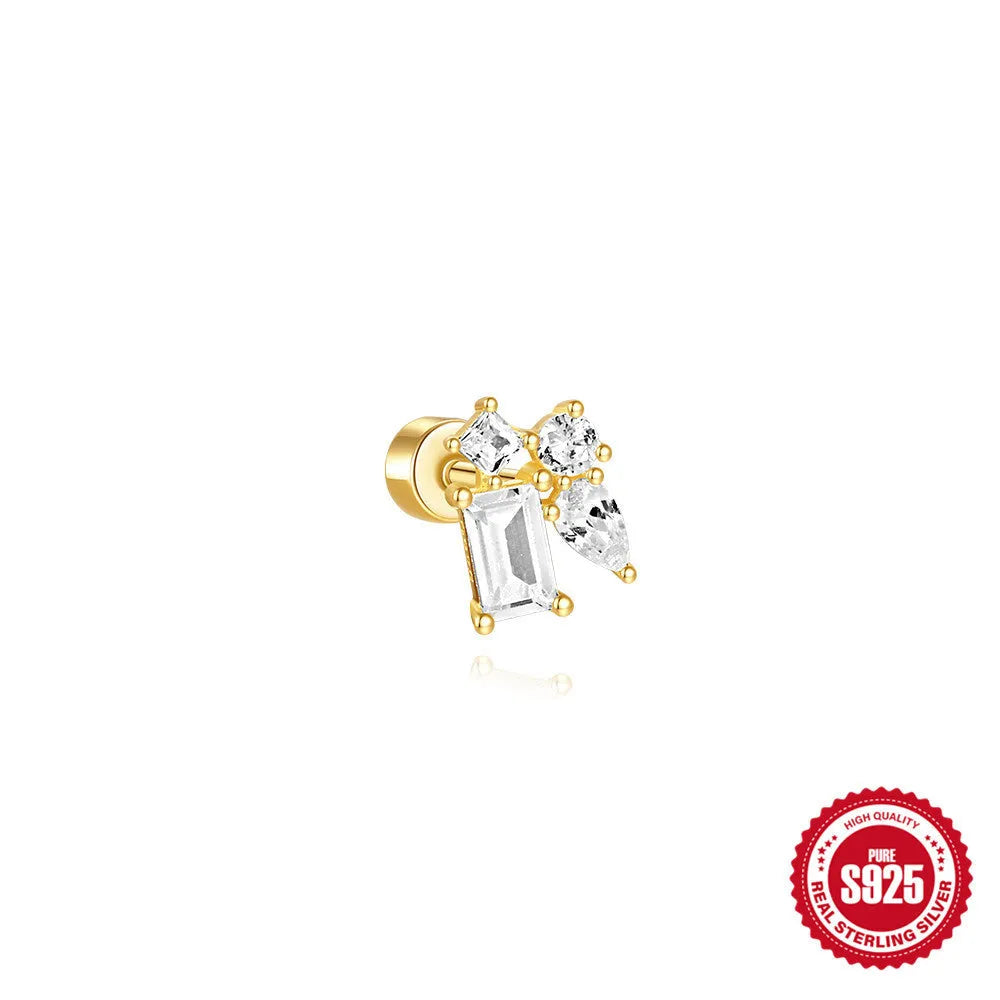 S925 sterling silver flat column geometric ear bone stud with threaded post in a gold colour finish.