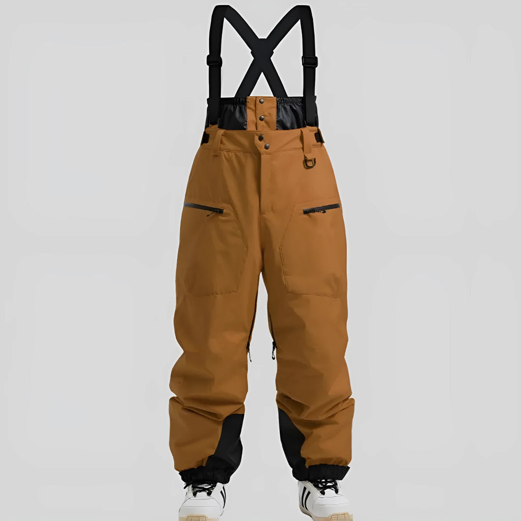 Men's black waterproof ski pants with a thickened waist strap, made from flame retardant linen fabric.