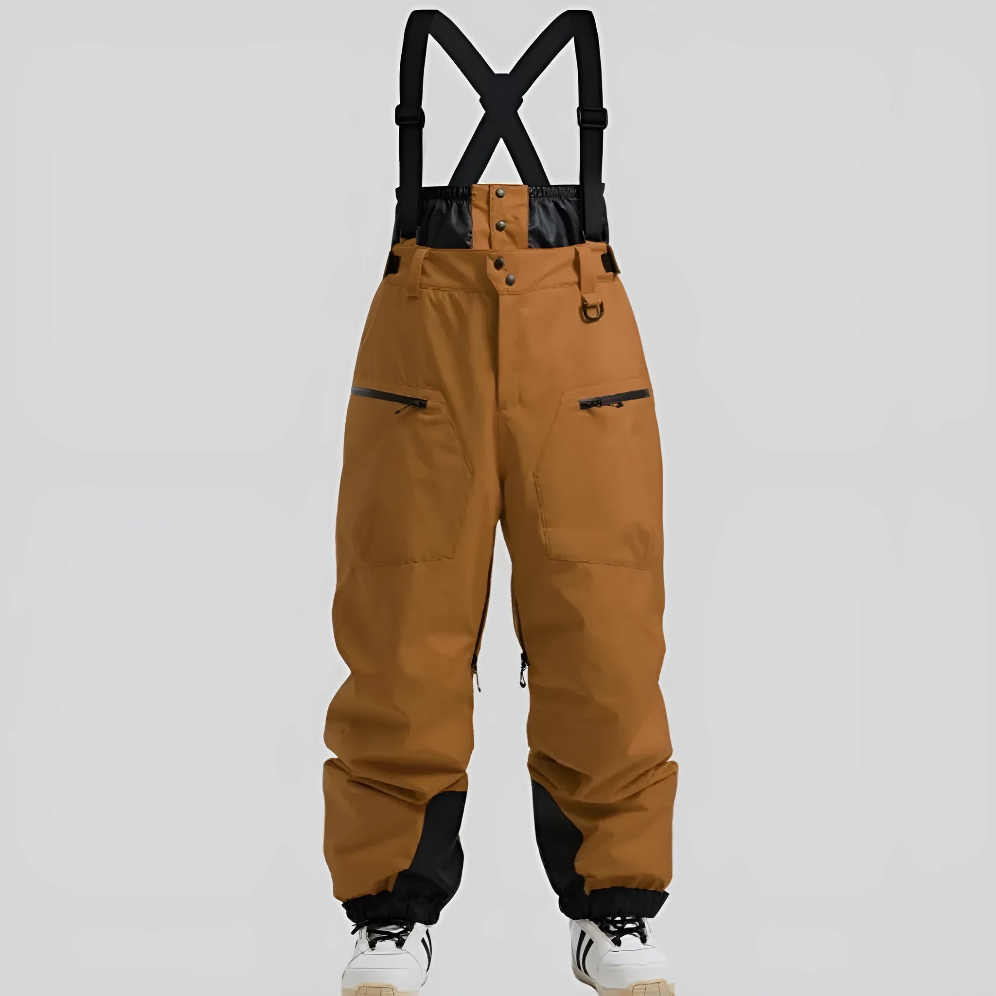 Men's black waterproof ski pants with a thickened waist strap, made from flame retardant linen fabric.