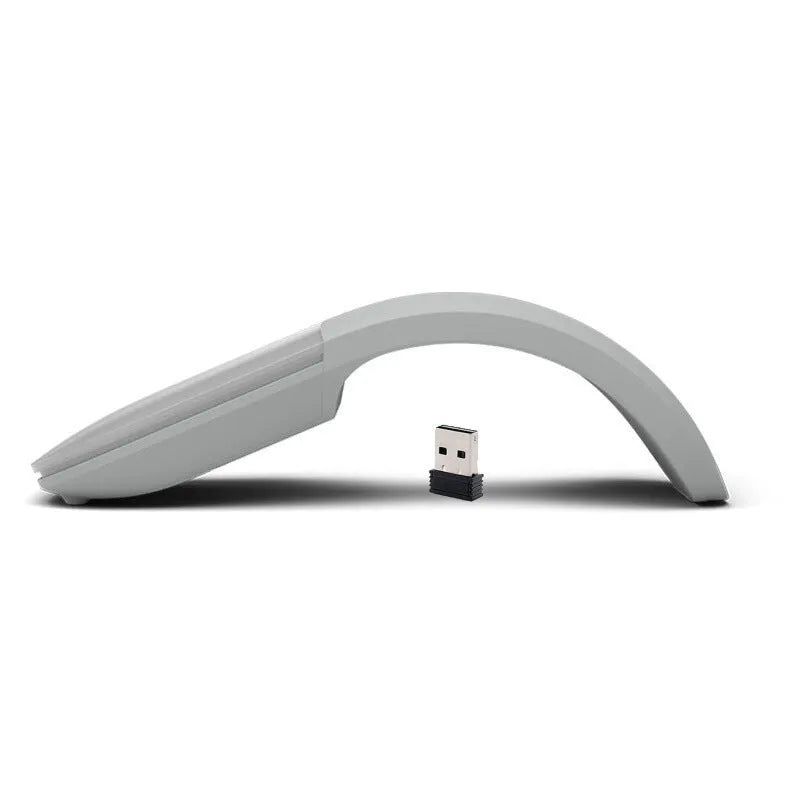 Black folding Bluetooth wireless mouse showing touch scroll area and compact folded size