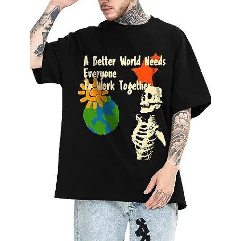 Short-sleeved men's printed street sports t-shirt on a hanger, showing digital print design.