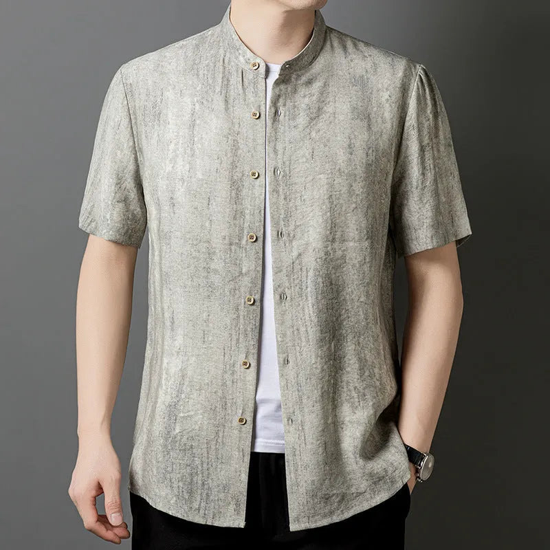Men's loose fit linen-style shirt with stand collar in grey colour on hanger