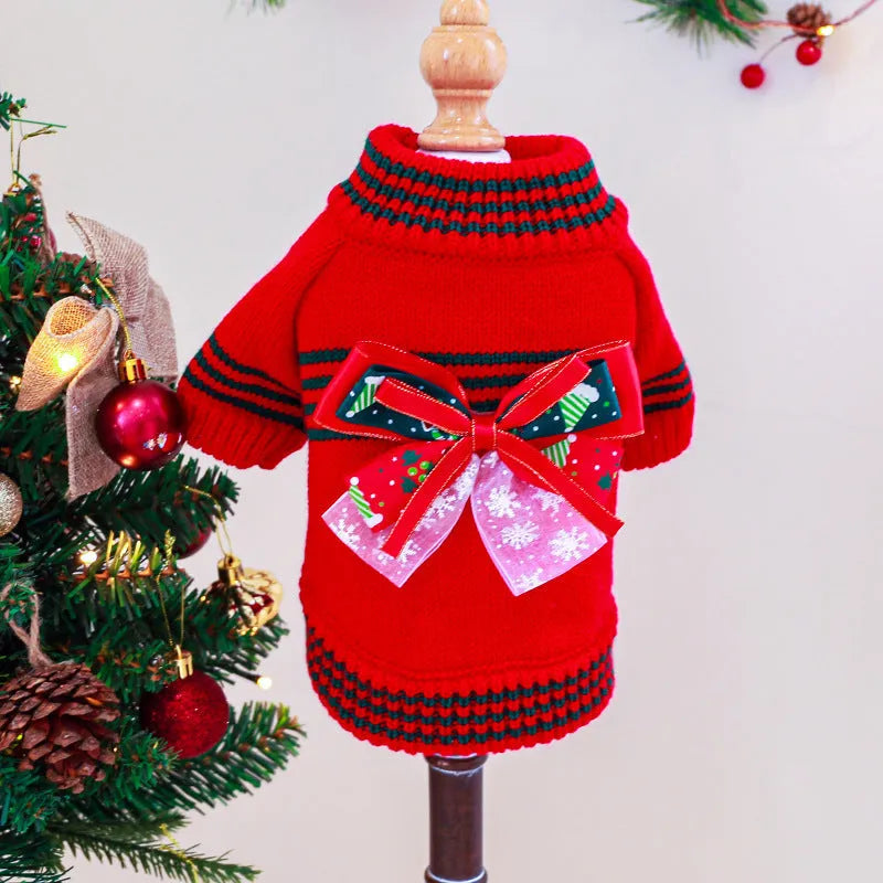 Red and green dog Christmas jumpers showing festive knit design for small to large pets.