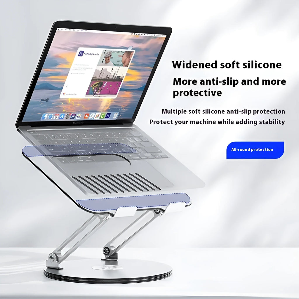 Silver aluminium laptop stand with height adjustment and rotatable platform