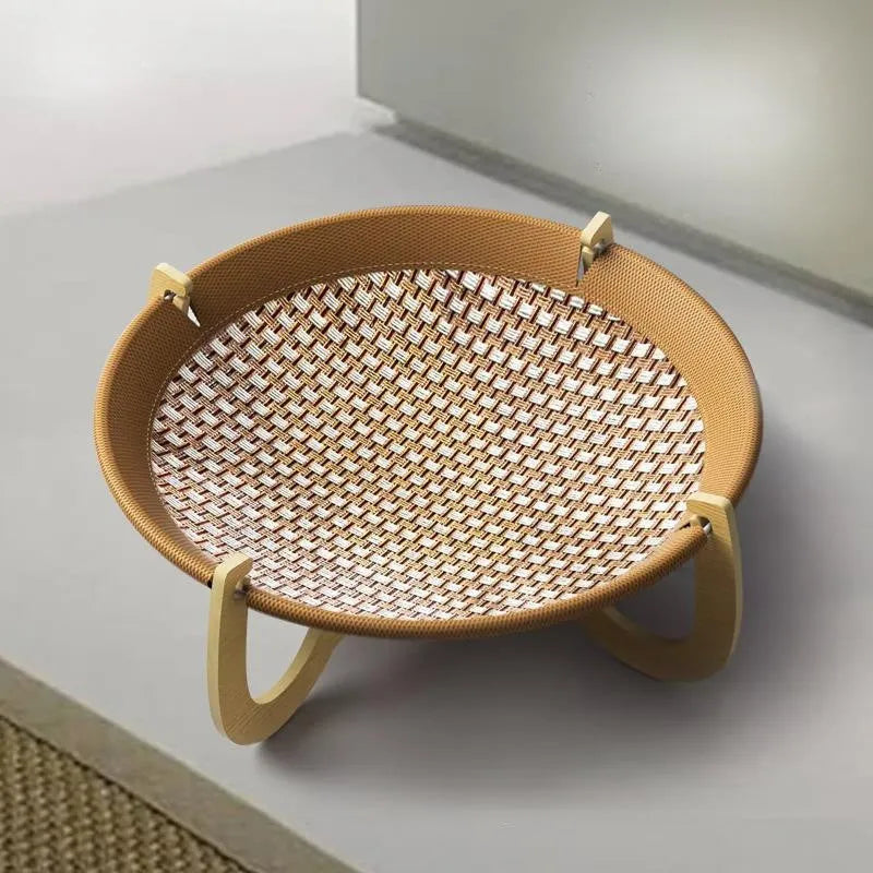 Brown woven rattan pet hammock bed measuring 46cm with raised design for cats and small dogs