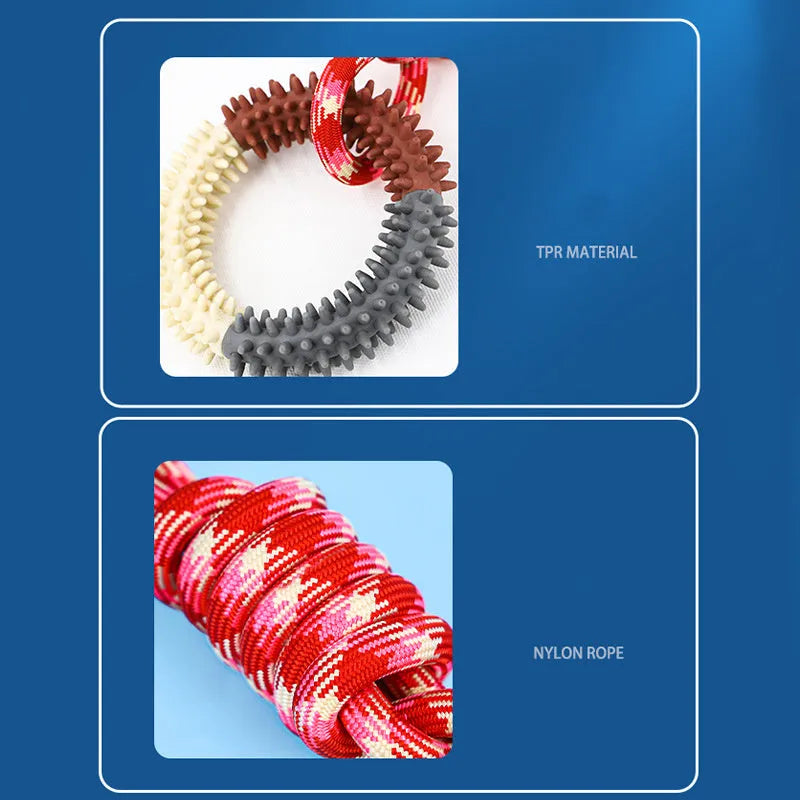 Braided cotton rope dog toy with knotted ends in assorted colours, measuring 43 cm long.