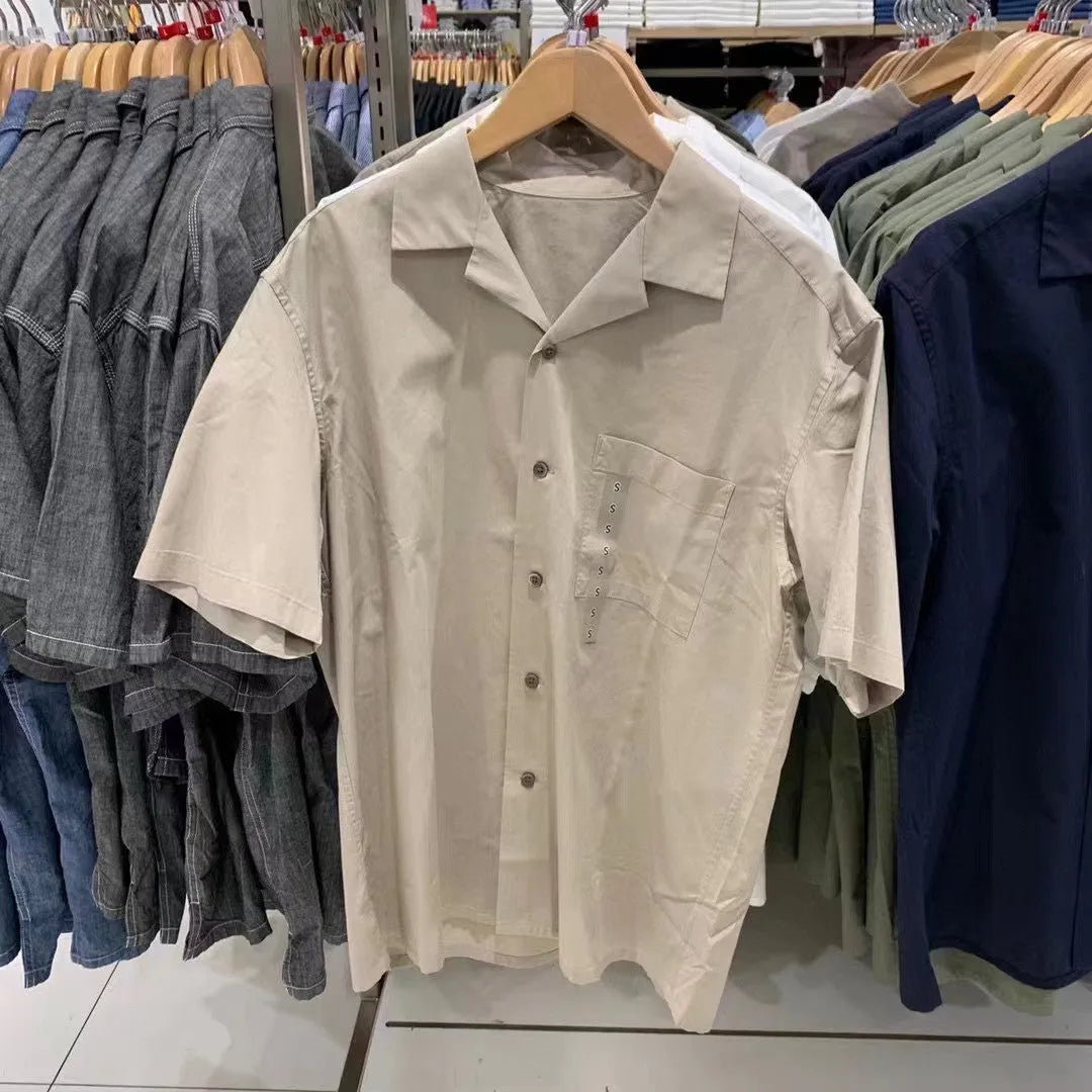 Men's modal cotton blended open collar casual shirt in beige colour showing cardigan style details