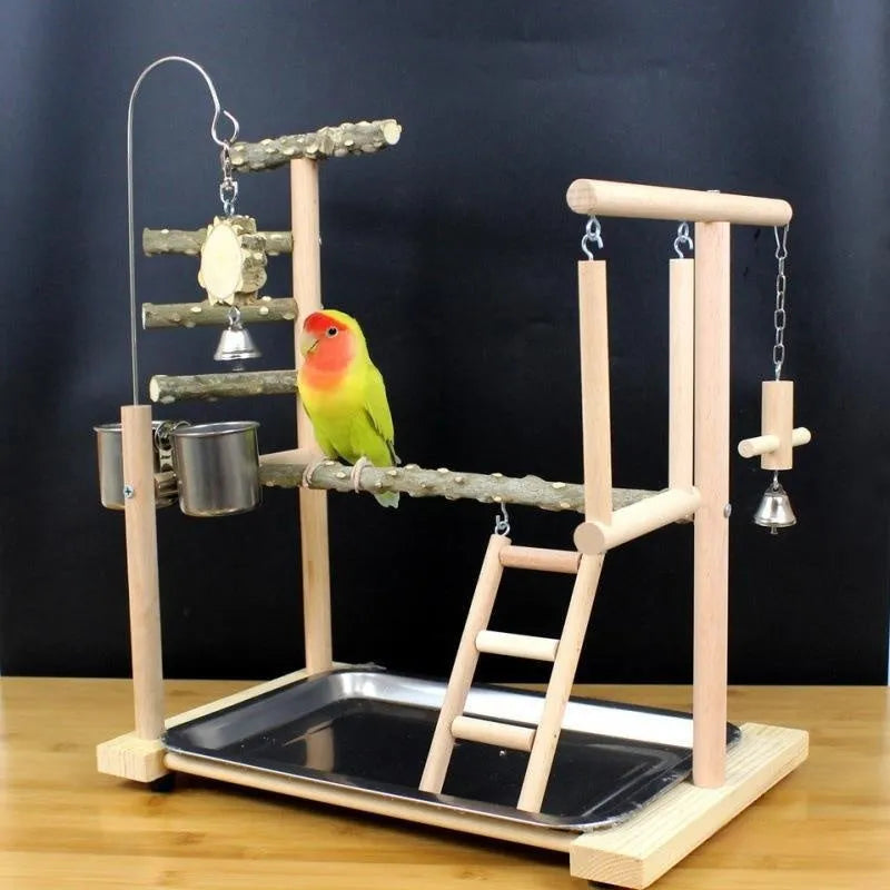 Assembled pepper wood parrot toy stand with tiger skin peony design and sub-stand pole for cage mounting.