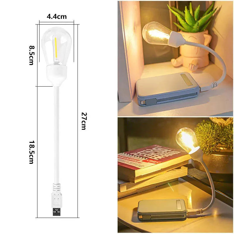 USB rechargeable folding night light with glowing tungsten S14 filament bulb