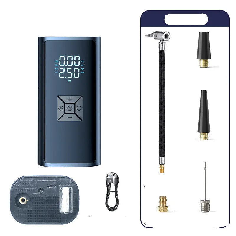 Portable wireless digital tyre pump with display screen and inflator hose