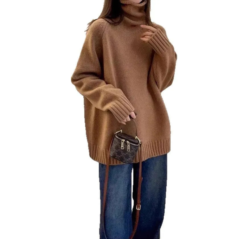 Women's loose thick turtleneck sweater with curling pile collar in red, camel, grey, or black