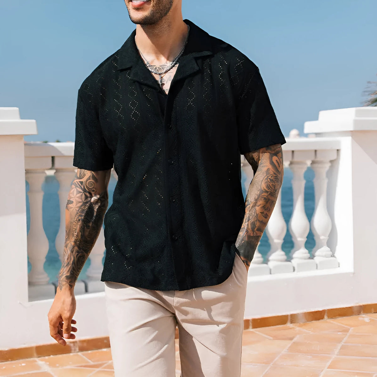 Men's hollow shirt slim fit dotted pattern woven polyester top in white or black