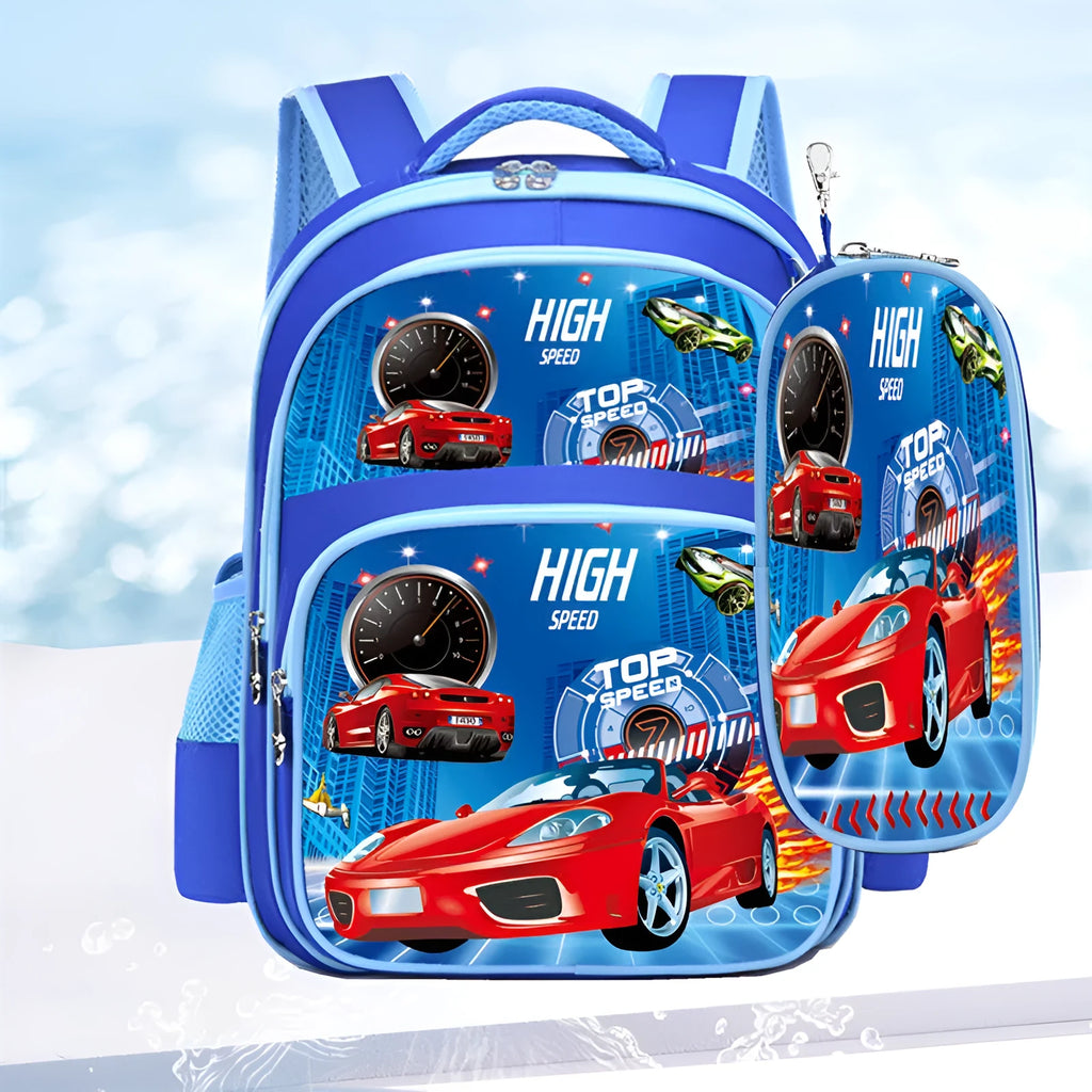 Cartoon print children's school backpack in blue colour with pencil case included