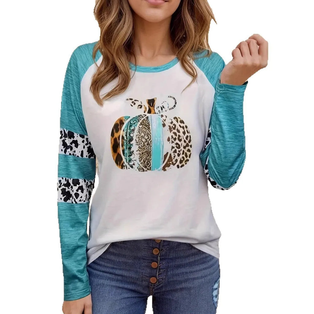 Halloween pumpkin 3D digital printing white T-shirt in sky blue with long sleeves