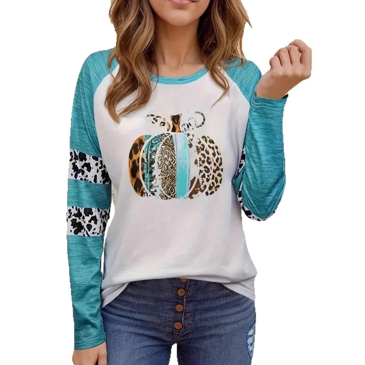 Halloween pumpkin 3D digital printing white T-shirt in sky blue with long sleeves