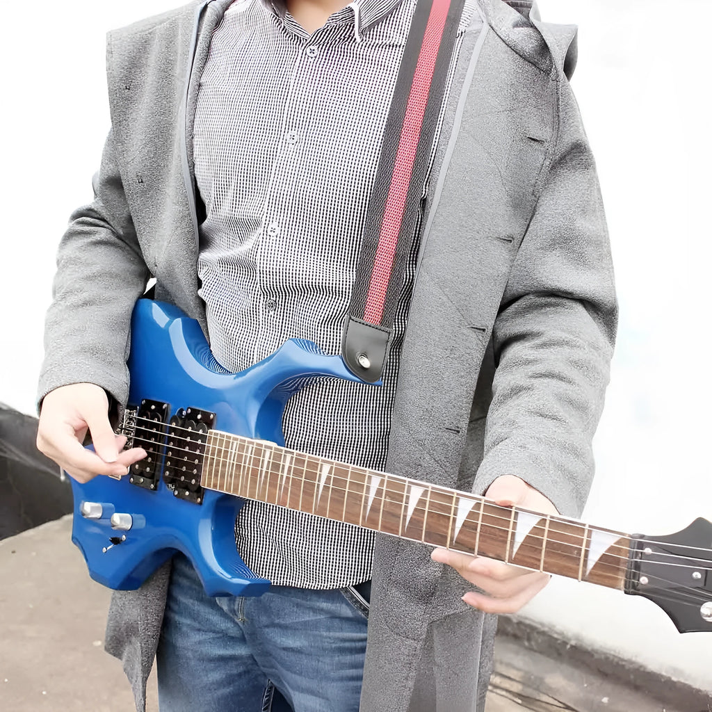 Woven crossbody musical instrument strap in multiple colours with clip-on hooks for guitar, bass, and ukulele.