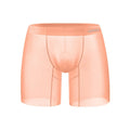 Men's ice silk nylon boxer shorts in low waist design showing orange, pink, and red colour options