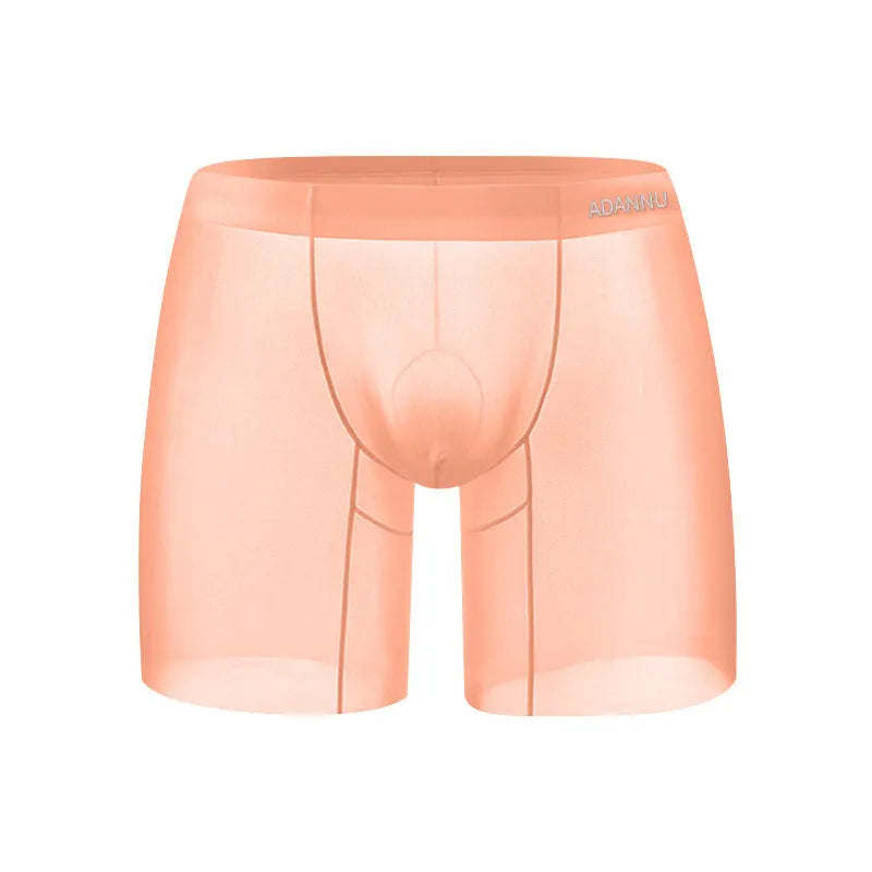 Men's ice silk nylon boxer shorts in low waist design showing orange, pink, and red colour options