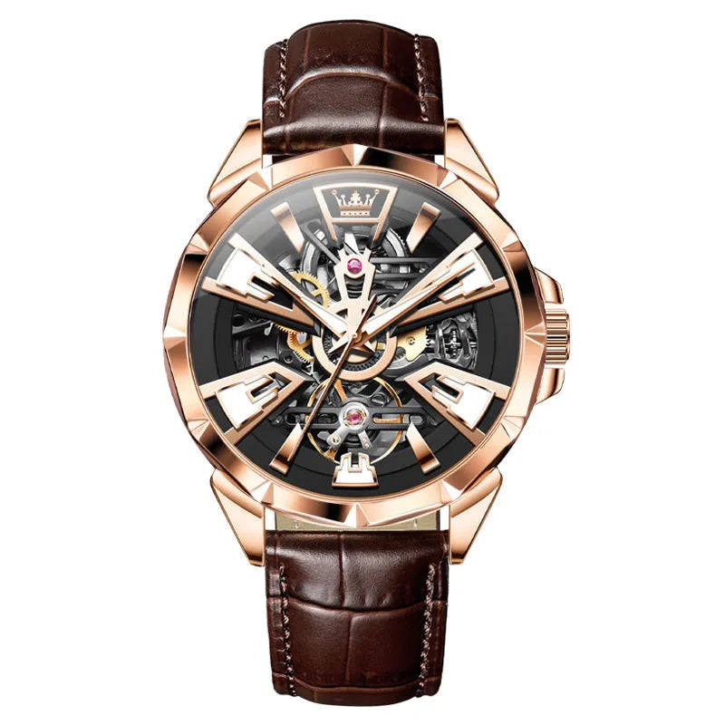 Men's automatic skeleton watch with brown leather strap and black barrel case showing hollow dial