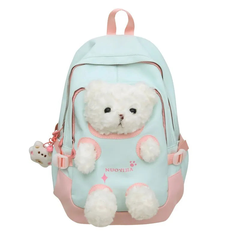Cute bear nylon schoolbag with curved shoulder straps, macaron colours, and 20-35L capacity for school and college