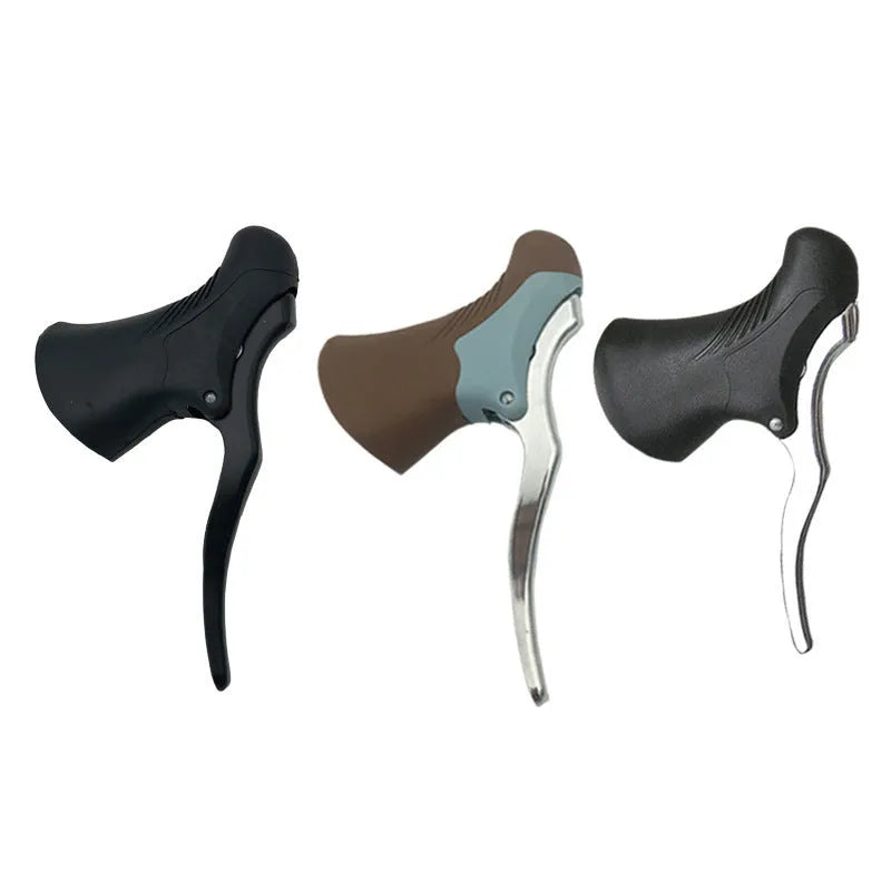 Pair of aluminium alloy road bicycle brake handles in black and black/silver finishes