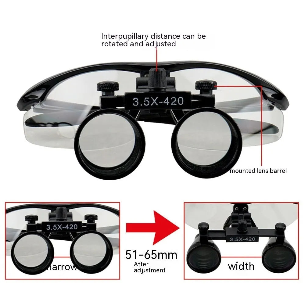Black head-mounted dental LED magnifying glass with 3.5X magnification and adjustable working distance