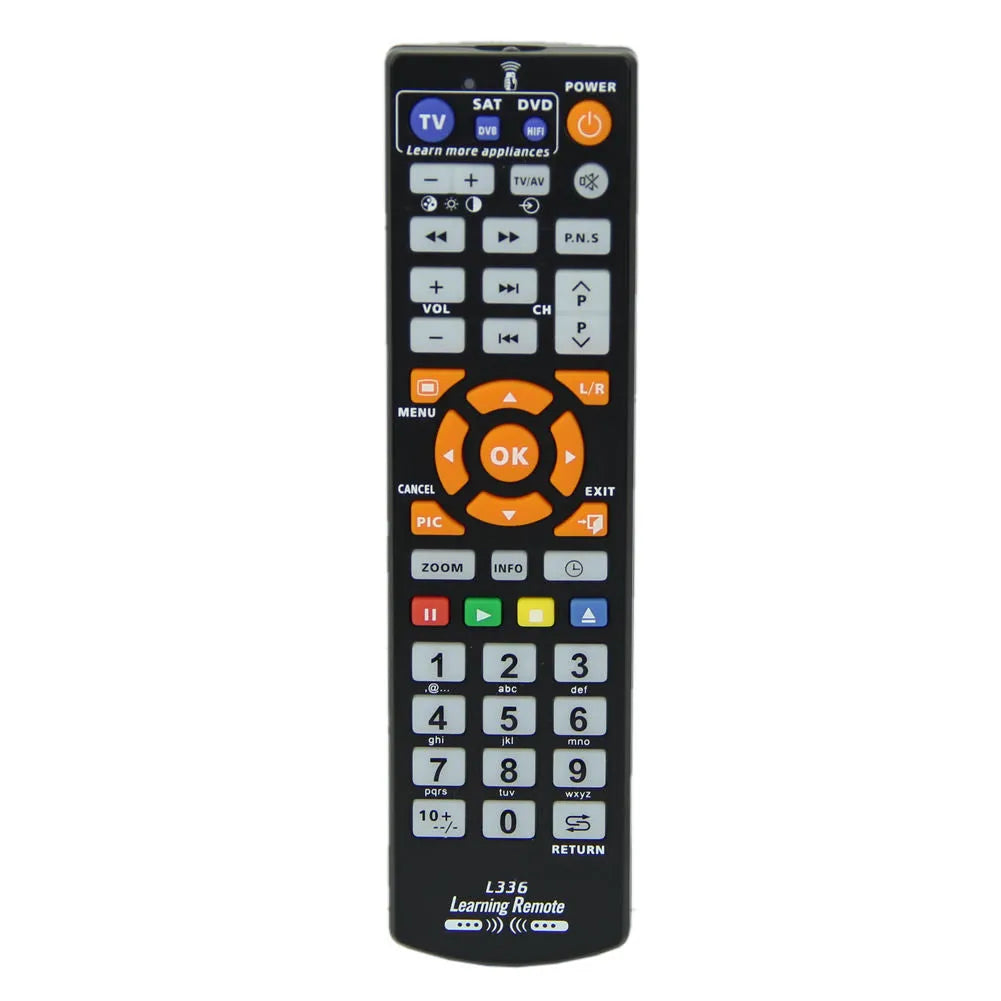 Black L336 learning remote control with full key layout for universal audio equipment operation