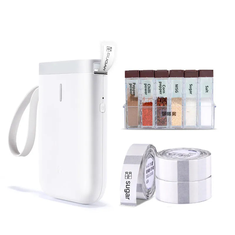 D11 Bluetooth thermal label printer in black, white, pink, green, or bundle colours, shown with smartphone running the label design app.
