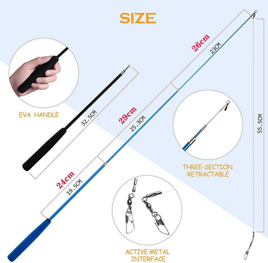 Cat teaser fishing rod with feather attachments and replacement heads