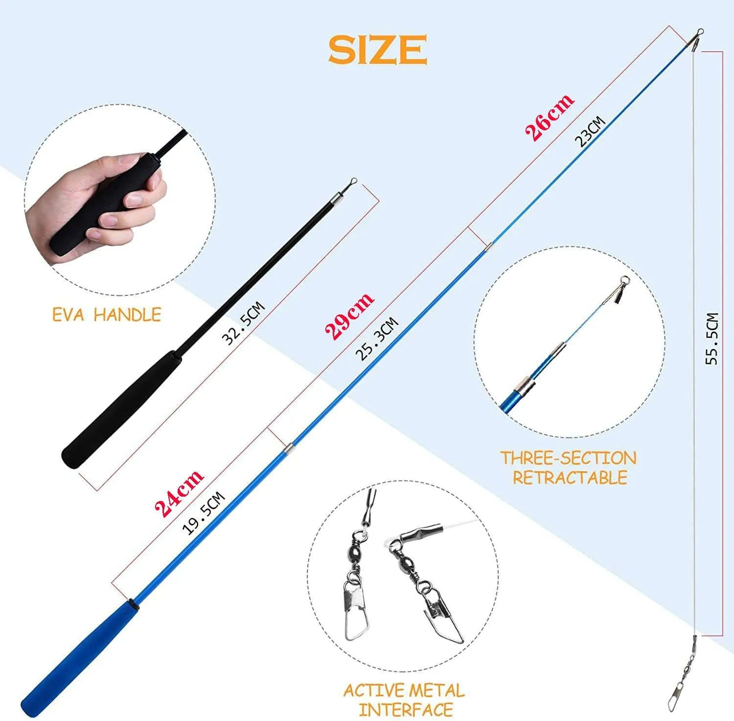 Cat teaser fishing rod with feather attachments and replacement heads